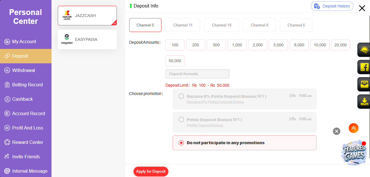 PKCasino JazzCash and EasyPaisa deposit screen