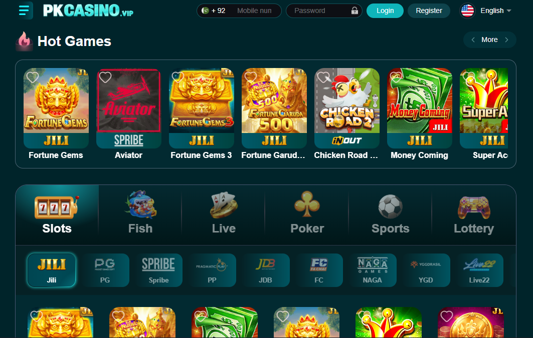 PKCasino game lobby with Hot Games, Slots, Live and Sports