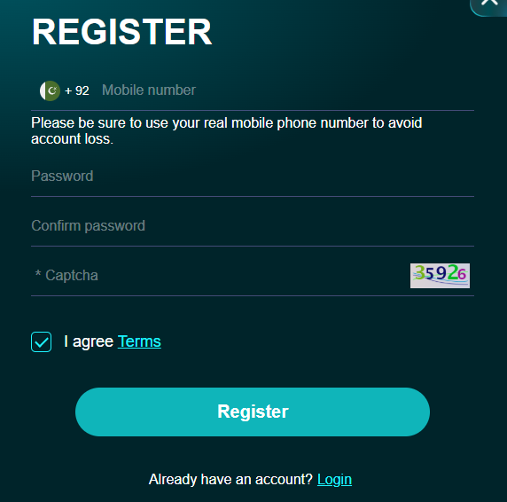 PKCasino registration screen