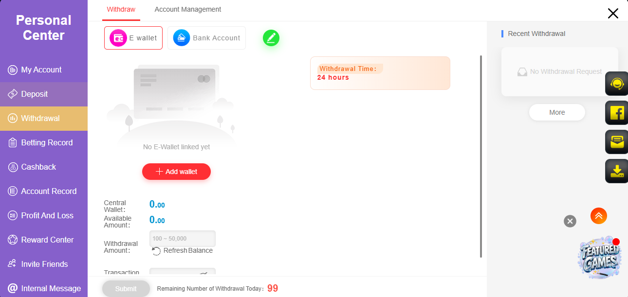 PKCasino withdrawal portal screenshot